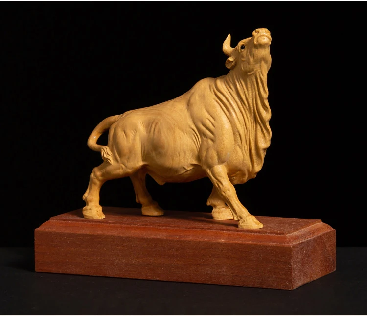 

XS382-9CM Hand Carved Boxwood Carving Figurine Animal OX Statue Home Decor -Bull Feng Shui Sculpture