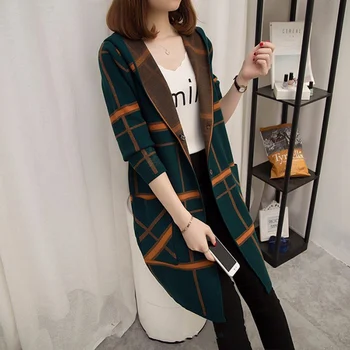 

New Cardigan Autumn And Winter New Mid-long Sweater Hooded Long-sleeved Plaid Loose Sweater Women's Jacket