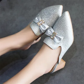 

High Heels Mules Shoes Women Block Heel Pointed Toe Bow Outdoor Slippers Summer Bling Glitter Slides Shoes Gold Silver Purple