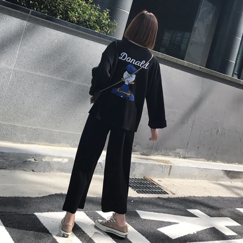 Ladies Autumn Winter Comfy Pajamas Loose Two Pajamas Suit Home Service Letter Printing Simple Long-sleeved T-shirt+ Trousers