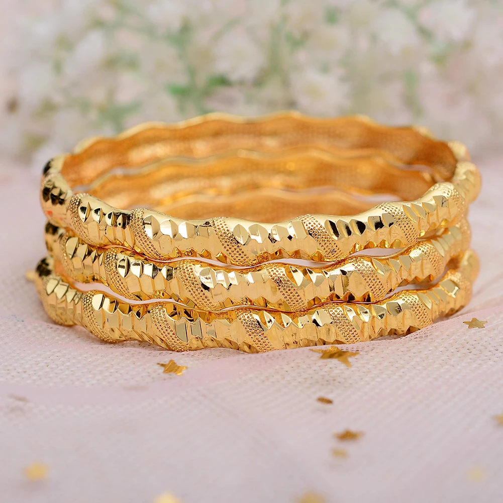 Annayoyo 4pcs New Fashion 24K Gold Color Wedding Bangles for Women Bride Bracelets Ethiopian/france/African/Dubai Jewelry gifts
