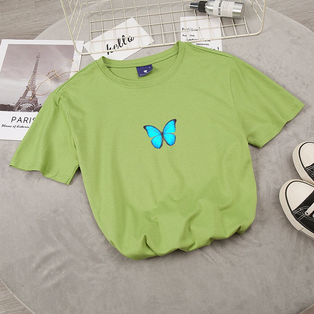 Summer Blue Butterfly Print Tshirt Women Harajuku Shirt Graphics T Shirt Female Casual Kpop Funny Clothes Short Sleeve Tee Tops