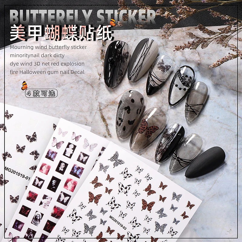 

1PC 3D Nail Art Stickers Autumn Winter Butterfly Withered Rose Portrait Leopard Cow Print Halloween Zombie Dark Style Decoration
