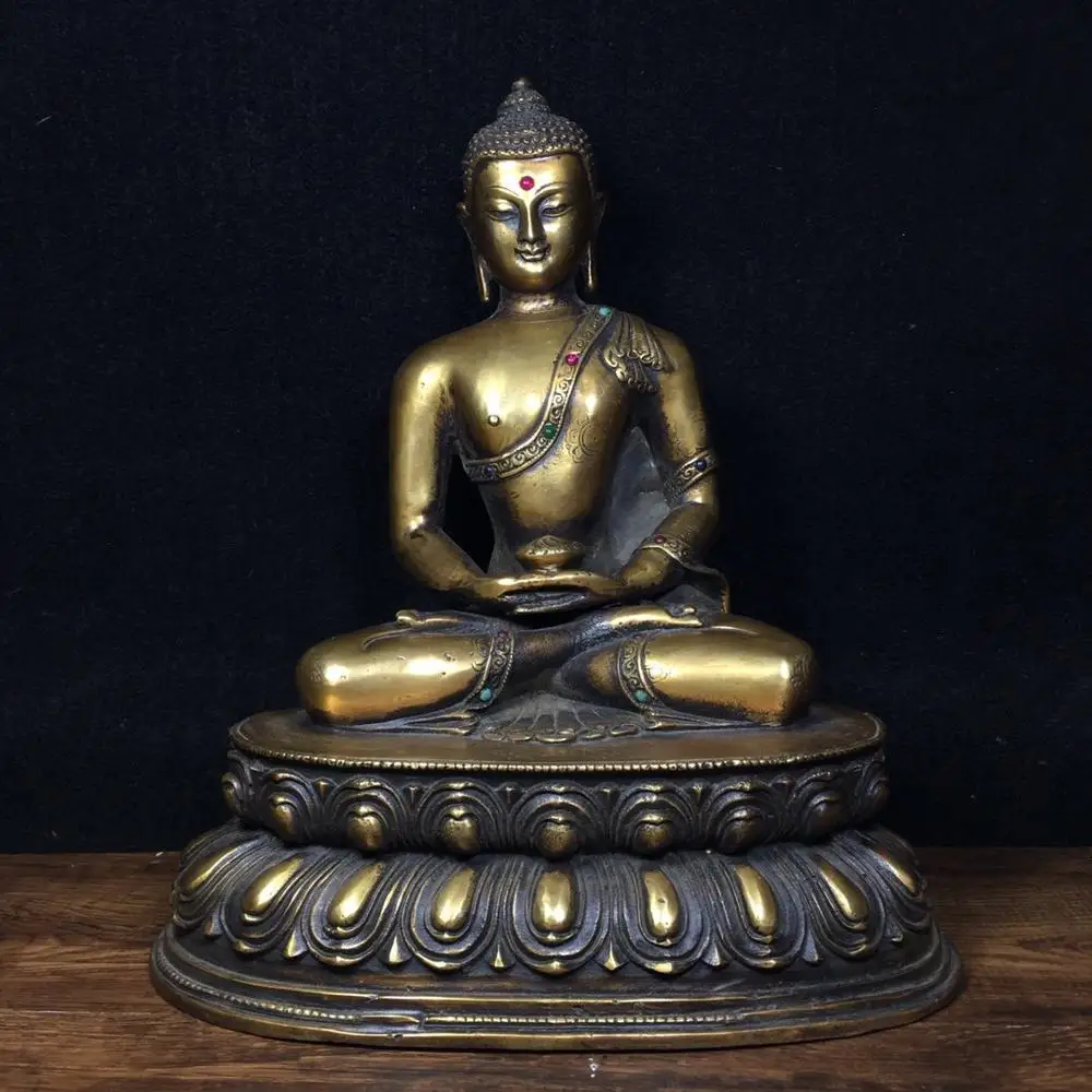 

Wedding 11" Tibet Buddhism Temple Bronze inlaid with gems Shakyamuni Buddha Statue Buddha statue Amitabha Buddha Statue