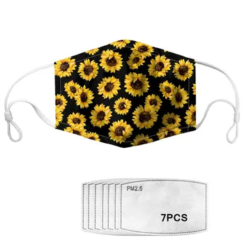 

Sunflower Printed Adults Kids Mouth Mask for Anti Dust/haze PM2.5 Face Mask with 7pcs Filters Washable Elastic Masks