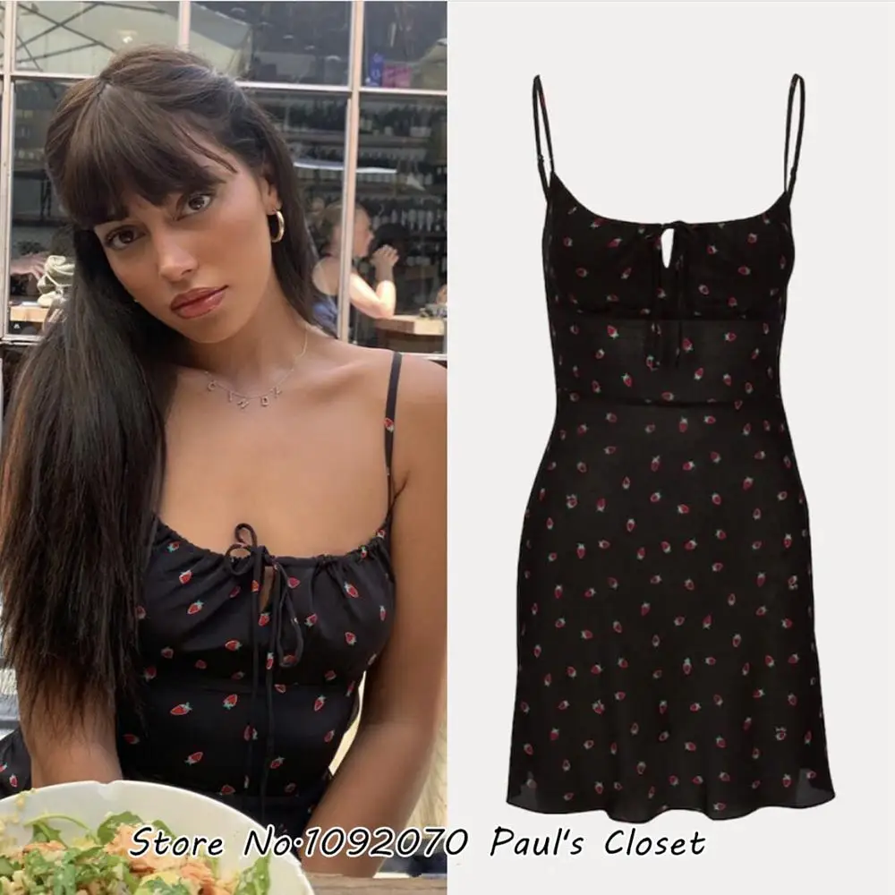 

Women The Lnez Mini Dress In Black Strawberry Tie String At Chest Milkmaid Style Silk Dress