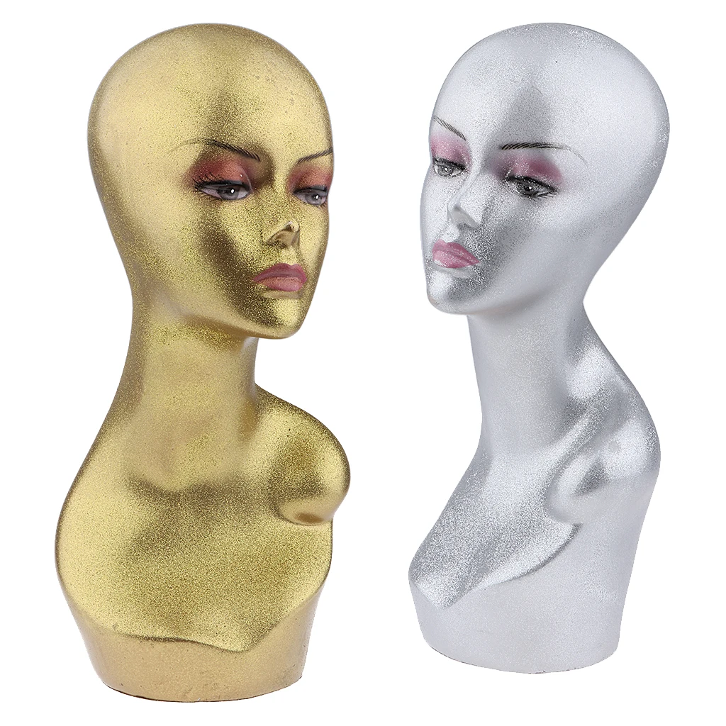 2Pieces Female Mannequin Head Model Wig Hat Cap Sunglass Display Manikin Metallic - Gold and Silver