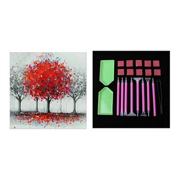 

21Pcs Diamond Painting Cross Stitch Tool Kit Tray Sticky Pen Tweezers & 1set 100% Full DIY 5D Diamond Painting Red Tree