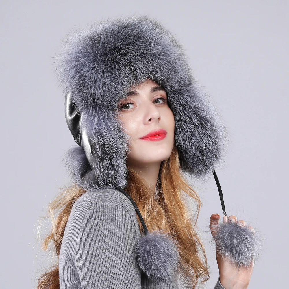 Women real fox fur hat genuine sheepskin leather caps winter warm Ears Fashion Bomber Cap belt new arrival