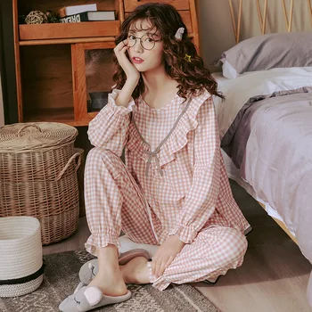 

Women Cotton Sleepwear Set Cute Pink Turn-down Collar Pijama Sets Ladies Pyjamas Homewear Women Pajamas Plus Size