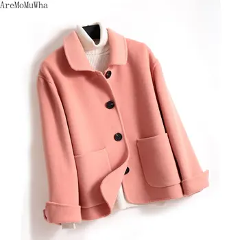 

AreMoMuWha 2020 Autumn Winter New Double-sided Cashmere Coat Coat 100% Wool Coat Women Short Lapel Pink Coats and Jackets Women