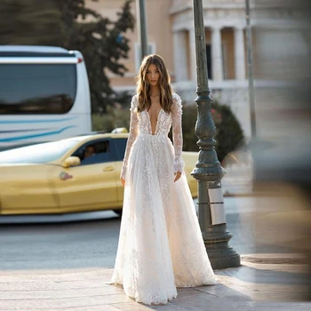 

Sexy Deep V-neck Backless Sheer Long Sleeve Lace Wedding Dress 2020 abiti da sposa Full Length robe mariage Wedding Gowns