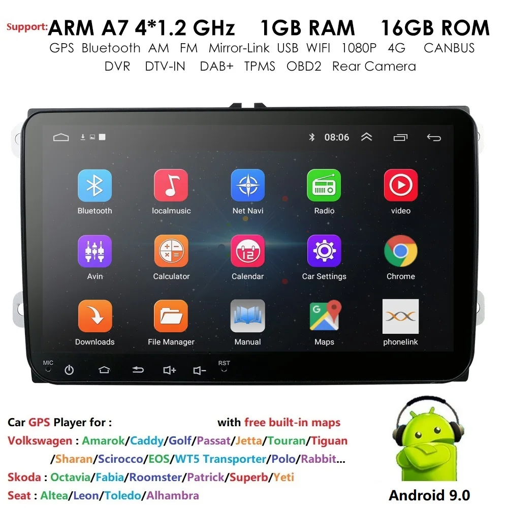 

9'' 2 Din Android 9.0 Car Radio Stereo 1G RAM GPS Navi for V W Passat B6 CC Polo GOLF 5 6 Touran Tiguan Magotan Seat Stereo SWC