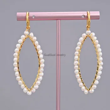 

GG Jewelry Freshwater White Pearl Oval Dangle Yellow Gold Plated Hook Earrings