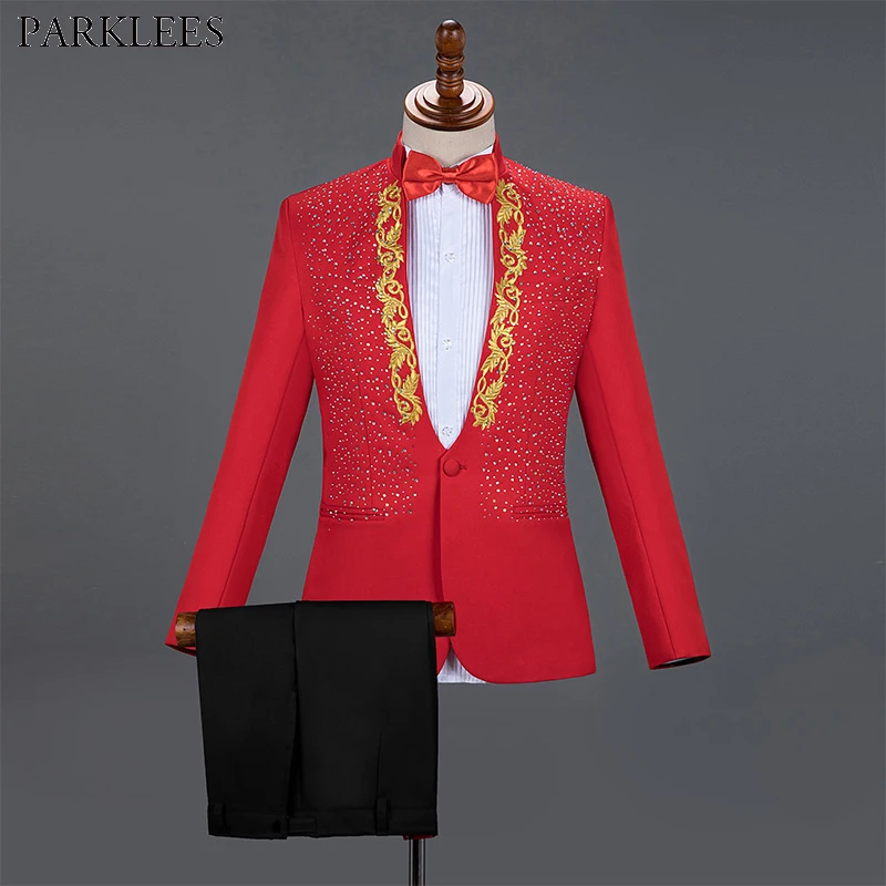 Красные мужские свадебные костюмы, золотой вышитый алмаз, костюм жениха, мужские костюмы, 2 предмета, для вечеринки, выпускного, мужской смокинг, мужской костюм, набор, Masculino