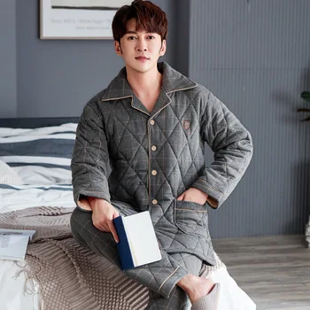 

Men's Pajamas Quilted Thick Coral Velvet Three-layer Quilted Jacket Plus Velvet Middle-aged and Young Men's Home Service Suit