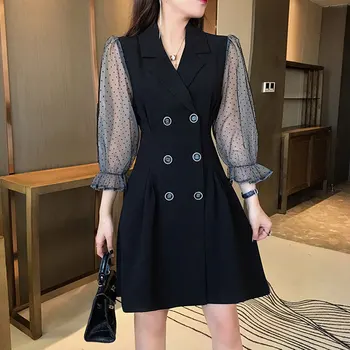 

Vintage Elegant Double Breasted Slim Black Dresses Women Stitching Mesh Sleeve Notched Collar High Waist Vogue Office Lady Dress