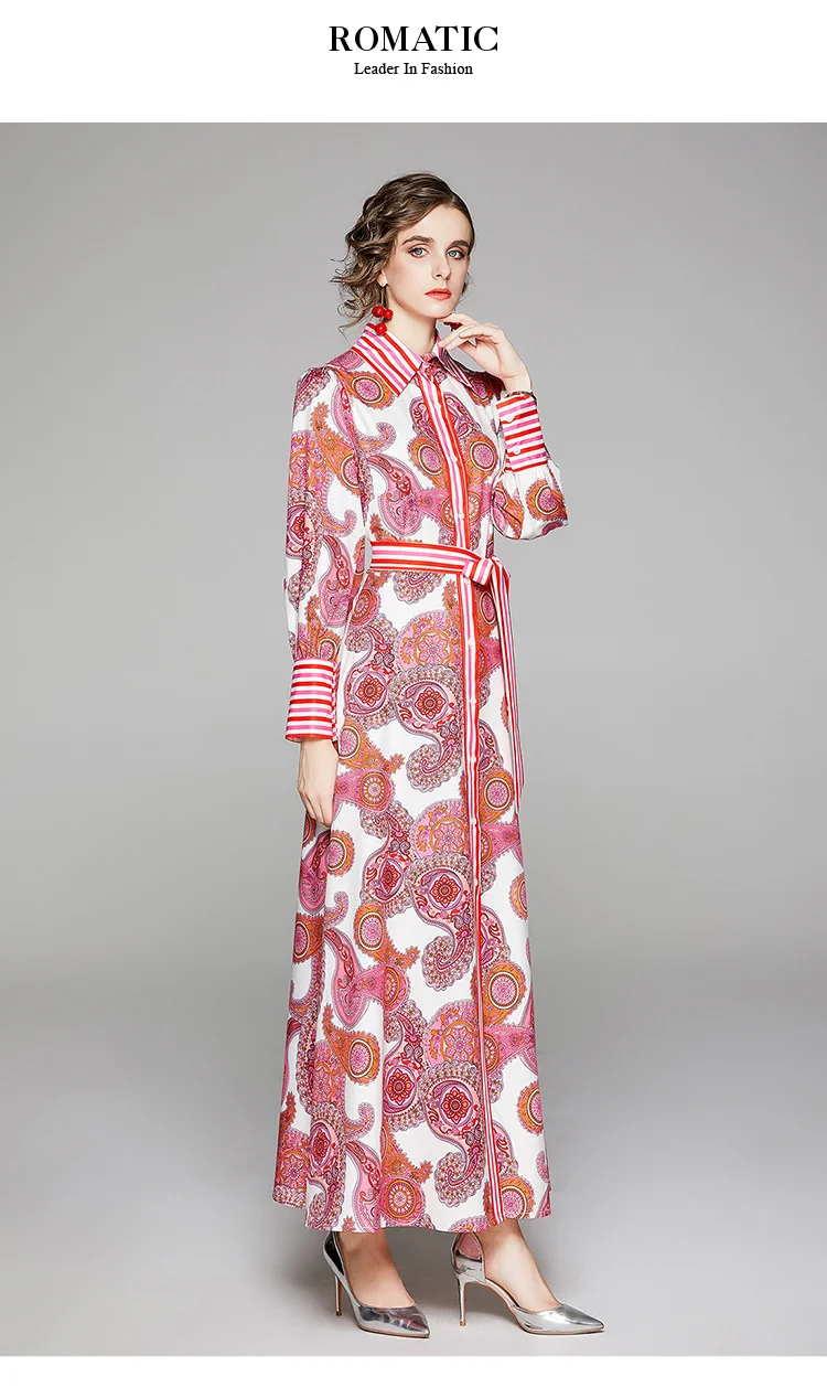 Banulin Autumn Fashion Runway Maxi Dress Womens Long Sleeve Collar Belted Gorgeous Printed Elegant Holiday Vintage Long Dress