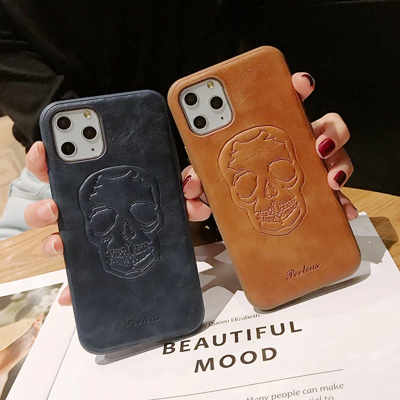 wlzcyhbd Fashion Punk Style 3D Relief Skull Leather Cover For iPhone 11 Pro max Couples Retro Phone Case X Xr Xs Max |