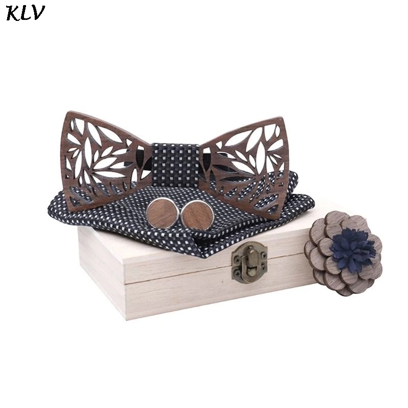  Wooden Bow Tie Handkerchief Set Men Women Hollow Wood Carved Floral Corsage Cufflinks Jewelry Gifts