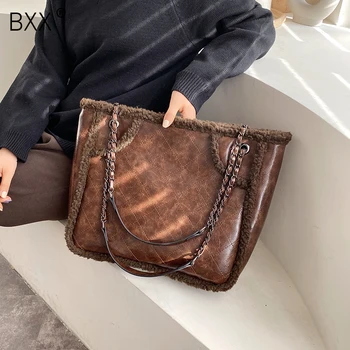 

[BXX] Faux Fur Chain Shoulder Bags For Women 2020 Winter Women's Trending Branded Handbags and Purses Luxury Travel Bag HO952
