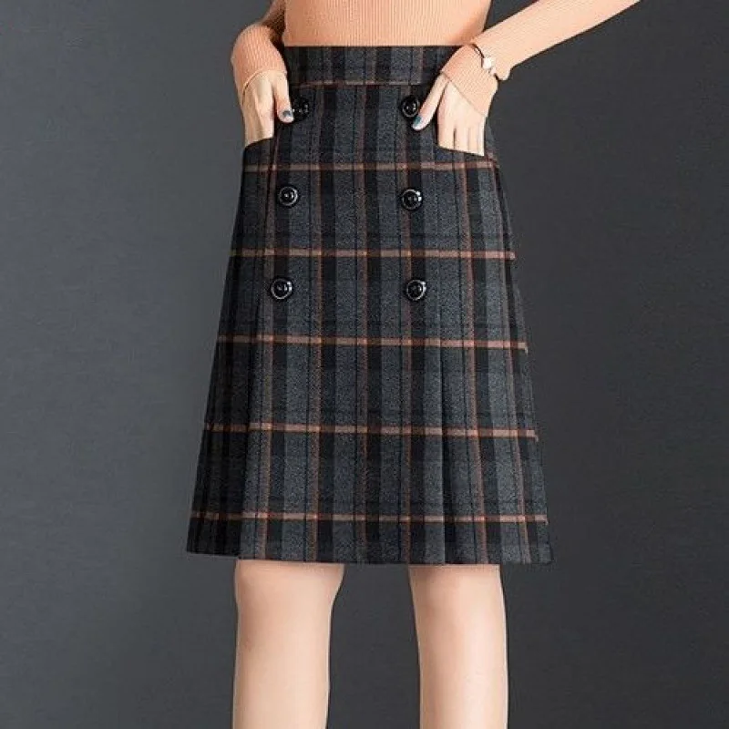 

2019 Autumn And Winter New Style Plaid Skirt Mid-length A- line Skirt Large Size Winter High-waisted Wrapped Skirt Women's Woole