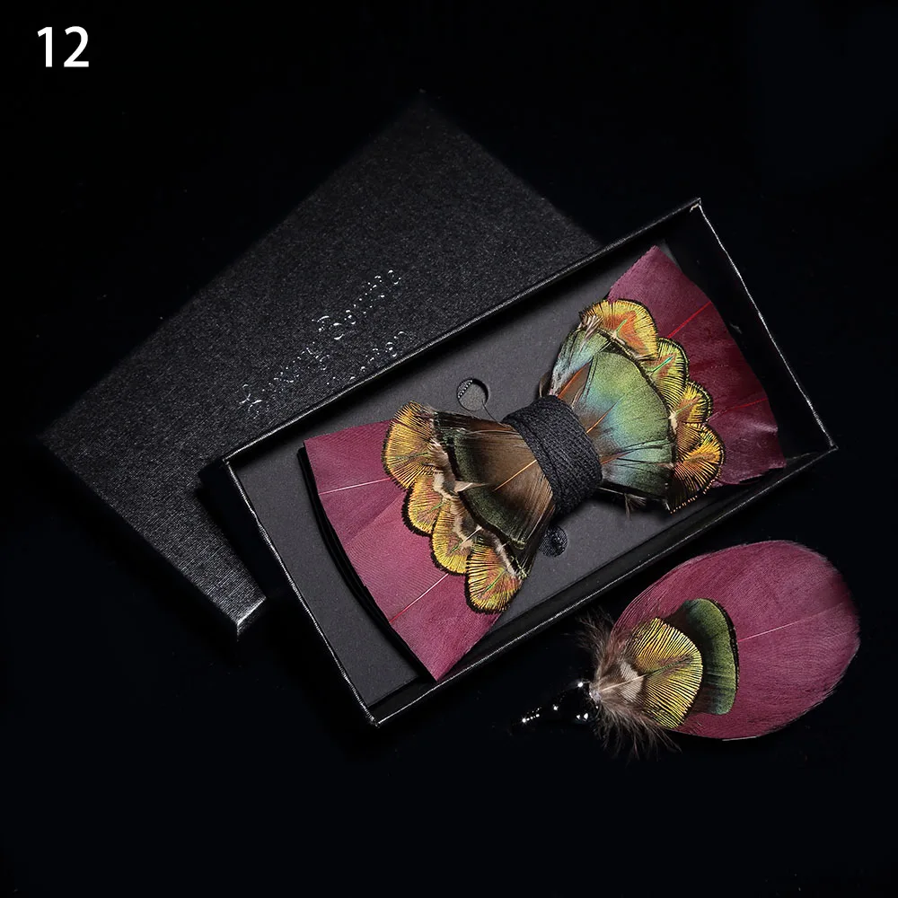 Ricnais натуральный Для Мужчин's брод перо галстук-бабочка, изысканный ручной работы с бантом, булавка-брошь, подарок, набор в коробке для Для мужчин Свадебная вечеринка аксессуары - Цвет: 12
