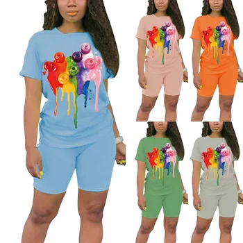 

2020 NEW Stylish Women's Two Piece Set Short Sleeves Round Neck Funny Ice Cream Print T-shirt & Skinny Shorts Tracksuit Sets