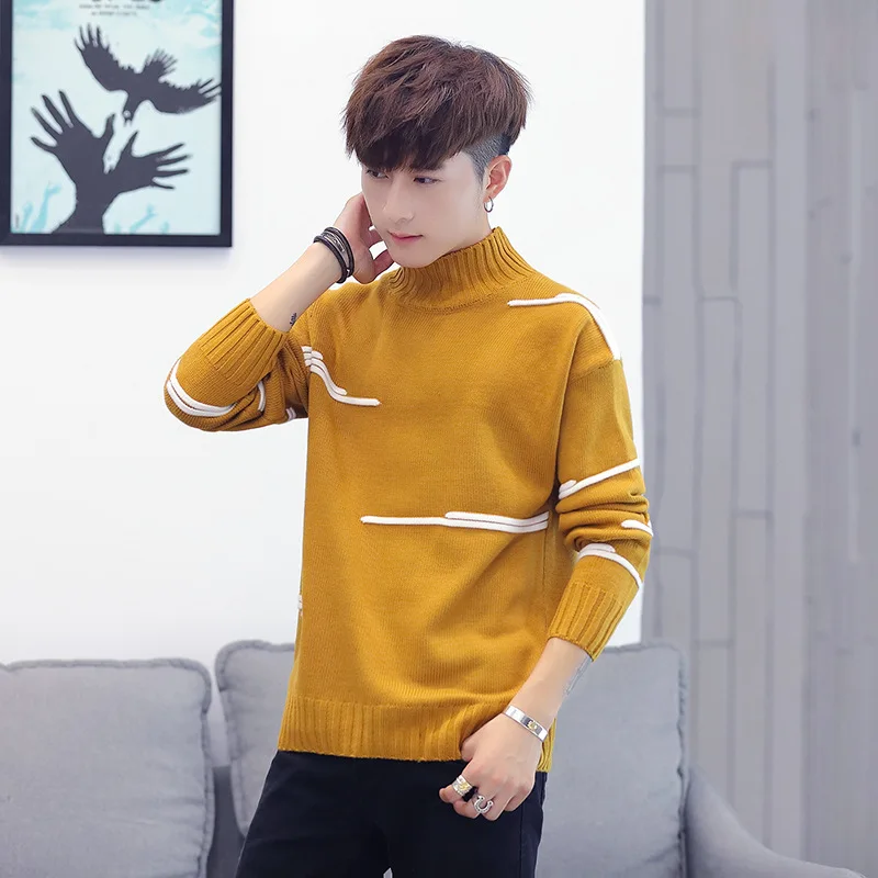 Men Sweaters Black White Yellow Half High Collar Fashion Warm Sweater Stripe Casual Turtleneck Sweater Men Pullovers Men Sweater