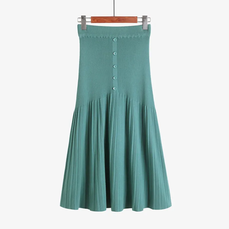 

Knitting Pencil Mid-Long Pocket Skirt 2019 Autumn Winter High waist Back Split Warp Hip Solid Color Single-breasted Step Skirt