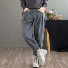 Зимние джинсы женские Ретро Свободные флисовые повседневные брюки с эластичным поясом и карманами Новые Универсальные джинсовые брюки теплые брюки