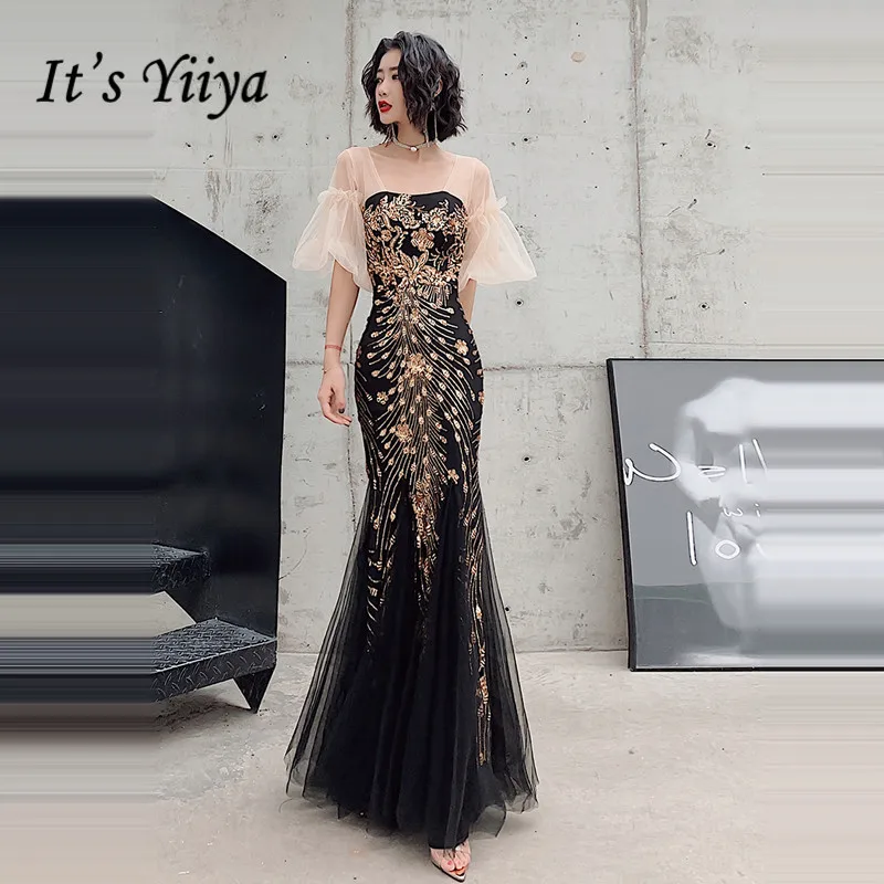 

It's Yiiya Evening Dresses Plus Size Gold Sequins Evening Dress Elegant Puff Sleeve Party Gowns Mermaid robe de soiree LF100
