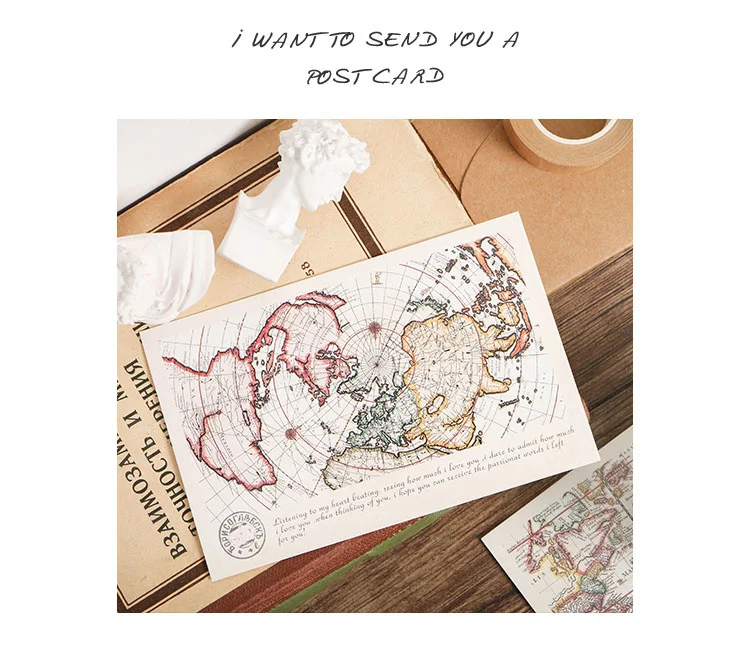 30pcs Retro World Travel Map Postcard Writable Decoration Cards Journal Wall Sticker Photo Props Greeting Paper Stationery Gift