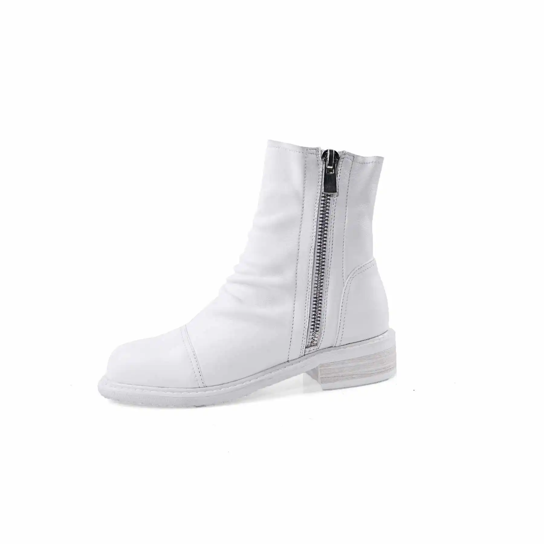 krazing pot pleated sheep leather superstar low heel western round toe zipper personalized design wear mid-calf boots l09