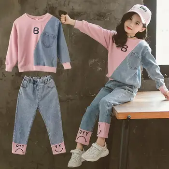 

hot sale baby girls clothes sets 4-13 years old spring and autumn 2-pieces-sets Denim stitching knitted fabric Round Neck Letter