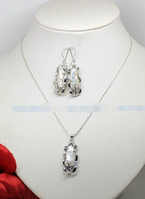 hot sell new - 00552 Handmade Jewelry Sets White Biwa real pearl pendent earrings gem stone chain 17&quot 5pc | Украшения и