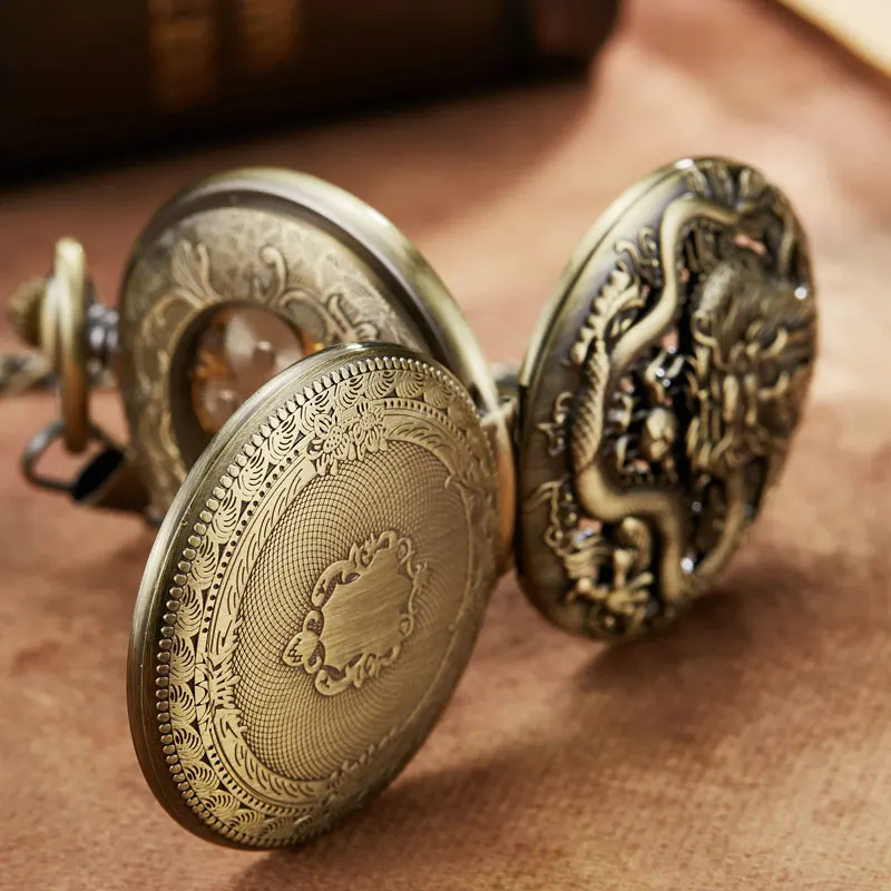 Роскошный золотой дракон лазерная гравировка Механические карманные часы с цепочкой полый Скелет ручной обмотки кулон часы для мужчин флип Fob
