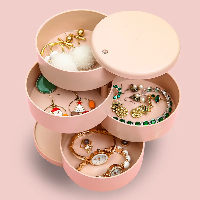

Women Jewelry Storage Box 4-Layer Rotatable Jewelry Accessory Storage Tray Desktop Sundries Makeup Organizer Container with Lid