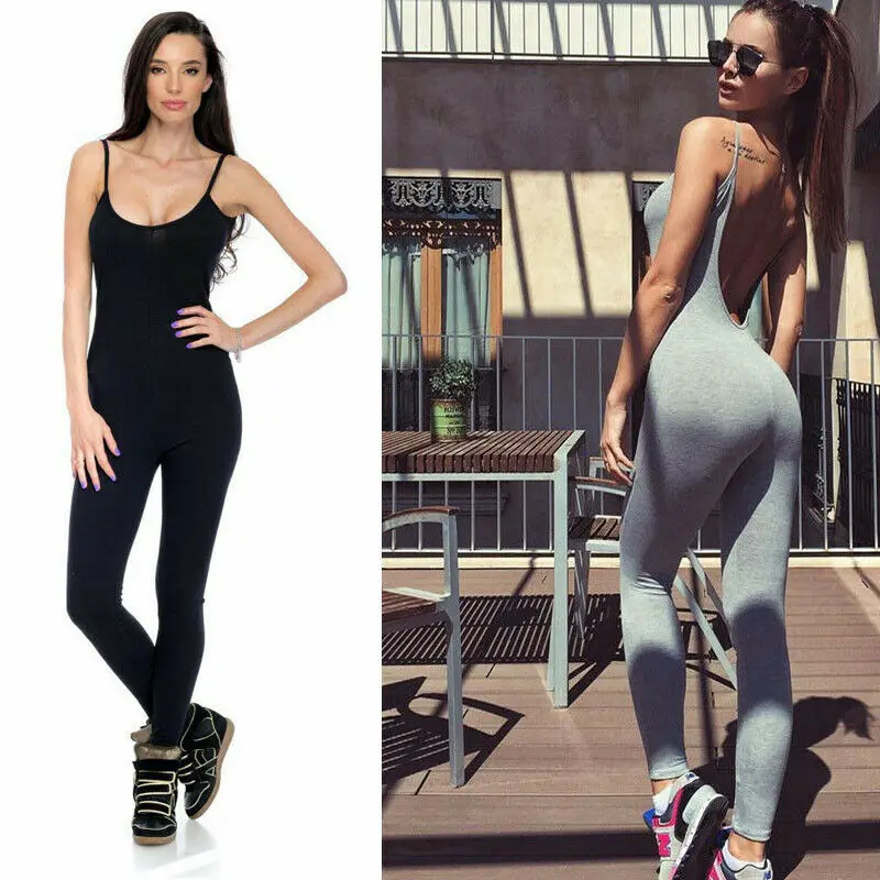

Summer Women Spaghetti Strap Yoga Jumpsuit Sport Fitness Unitard Sets Backless Solid Color Skinny Suits Athletic Clothes