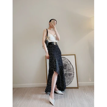 

Silk Dot High-Waisted Fishtail Skirt Long Half-Length Dress Women Skirt Black and White