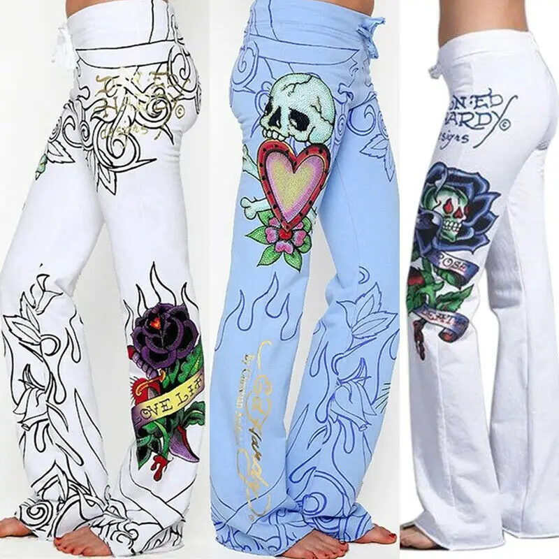 Boho Modis Women Baggy Skull Rose Printed Pants Wide Leg Ladies Hip Hop Trousers High Waist Palazzo Femme Casual Pants Plus Size Boho Modis Women Baggy Skull Rose Printed Pants Wide Leg Ladies Hip Hop Trousers High Waist Palazzo Femme Casual Pants Plus Size