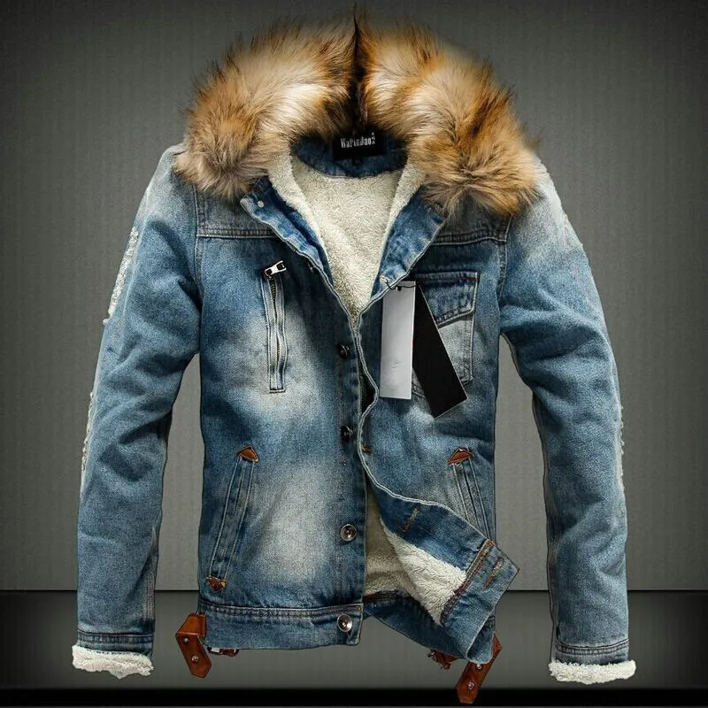 Весенне-зимняя джинсовая куртка, теплая джинсовая куртка, новая мужская большая шерстяная подкладка, утолщенная джинсовая куртка, модная куртка с воротником из норки