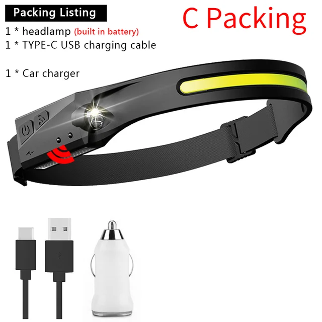Induction Headlamp COB LED Head Lamp with Built-in Battery Flashlight USB Rechargeable Head Torch 5 Lighting Modes Head Light C Packing