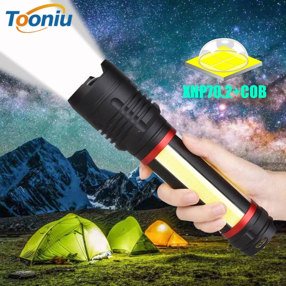 

Multifunction LED Flashlight XHP70.2+COB Super Bright Tactical Torch Waterproof Zoom Camping Light Built-in 5000mAh Battery