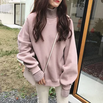 

Fake Two Sweater Women Spring Fall Long Sleeve Knitted Sweater Plus Size Black Turtleneck Thick Sweet Korean Loose Sweater Girls
