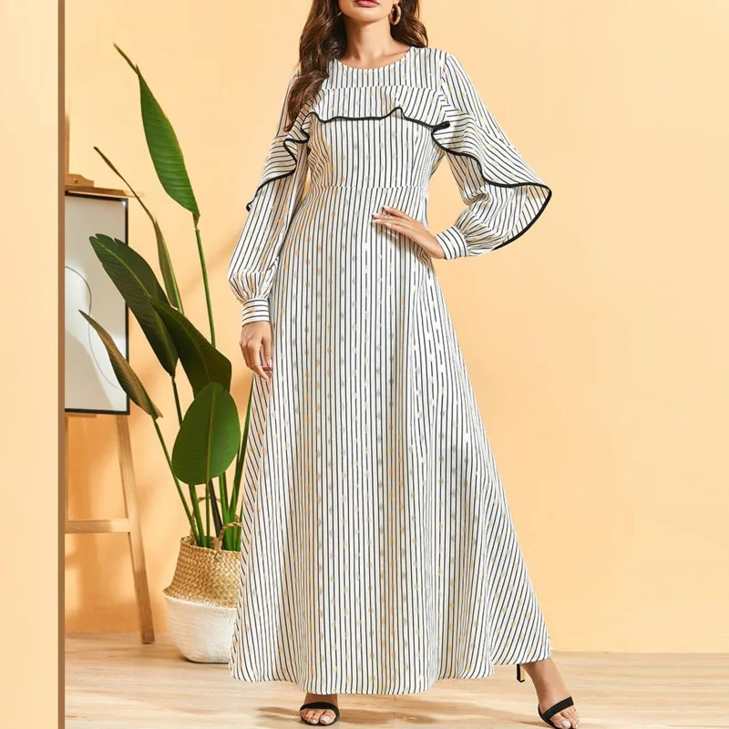 

[EWQ] 2020 Spring Summer New Arrivals O-neck Full Sleeve Ruffles Pring Pattern Women Fashion Casual Loose Dress AW71000M