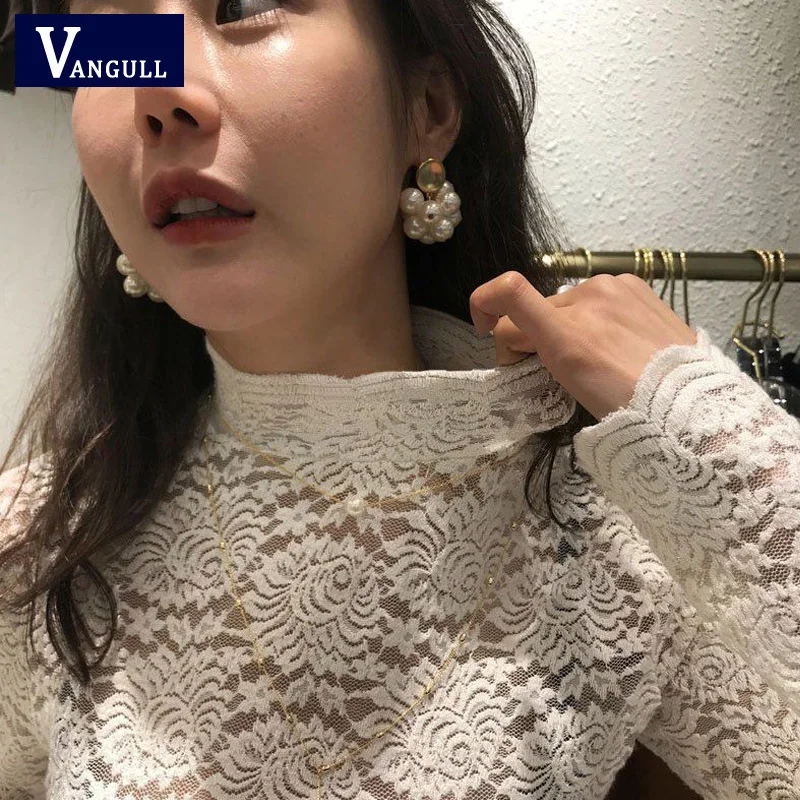 Vangull кружевные топы с воротником-стойкой, Весенняя женская однотонная блузка, осенняя Офисная женская элегантная ажурная кружевная блузка с длинным рукавом и вышивкой