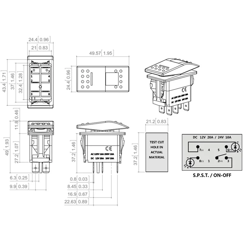 1PCS 5 Pin Marine Switch SPST ON-OFF Car Switch Boat Truck Light With Dual Illuminated LED Waterpoof 20A