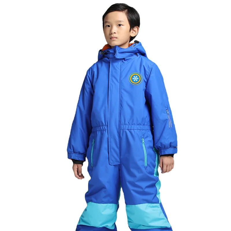 Детский цельный лыжный комплект для мальчиков и девочек, спортивный костюм для сноуборда, ветрозащитный водонепроницаемый теплый комбинезон с капюшоном, Комбинезоны - Цвет: Blue