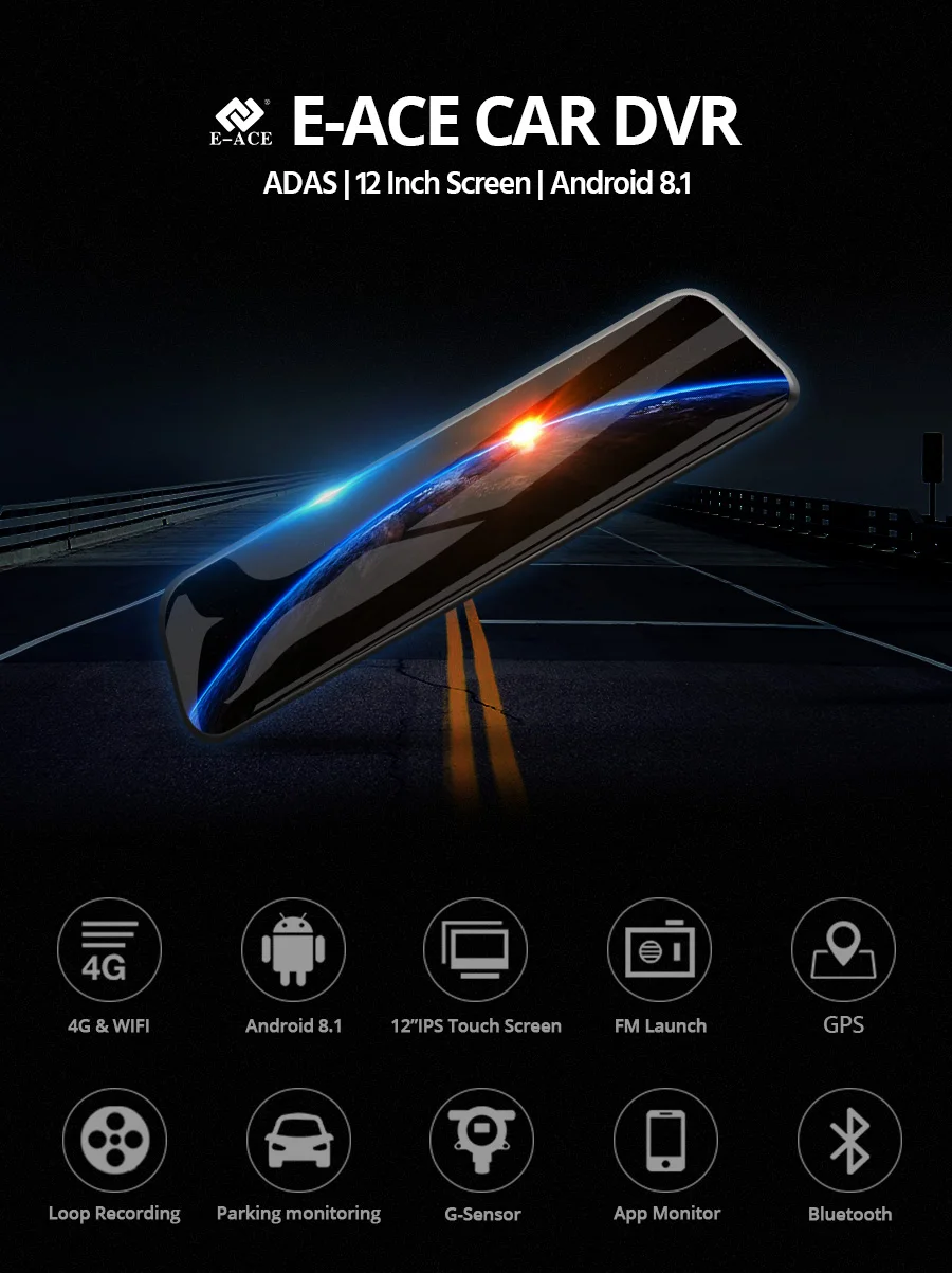 E-ACE ADAS 4G 1" ips Автомобильный видеорегистратор Камера Зеркало видеорегистратор Full HD 1080 зеркало заднего вида Android WiFi gps